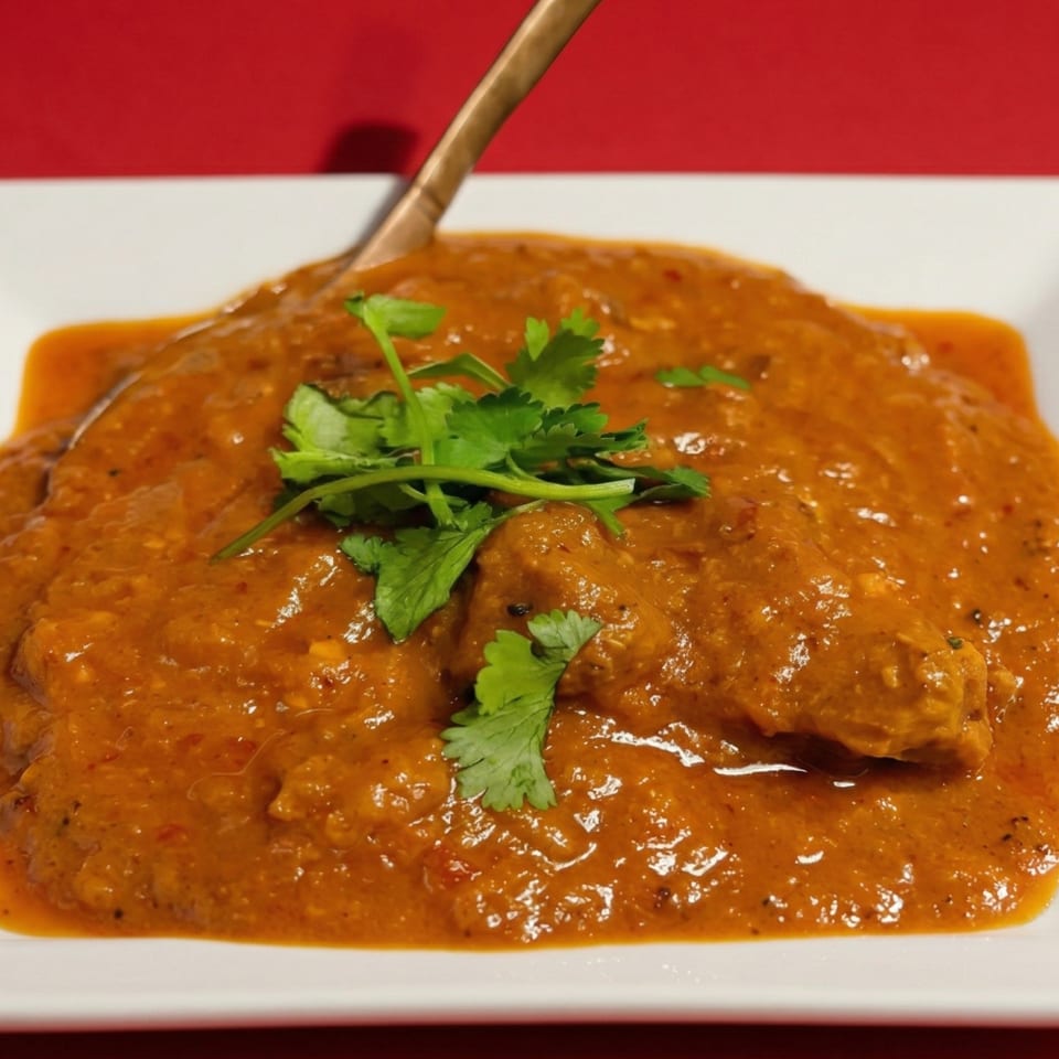Rich orange curry with chicken pieces and fresh cilantro, served on a white plate with a spoon.