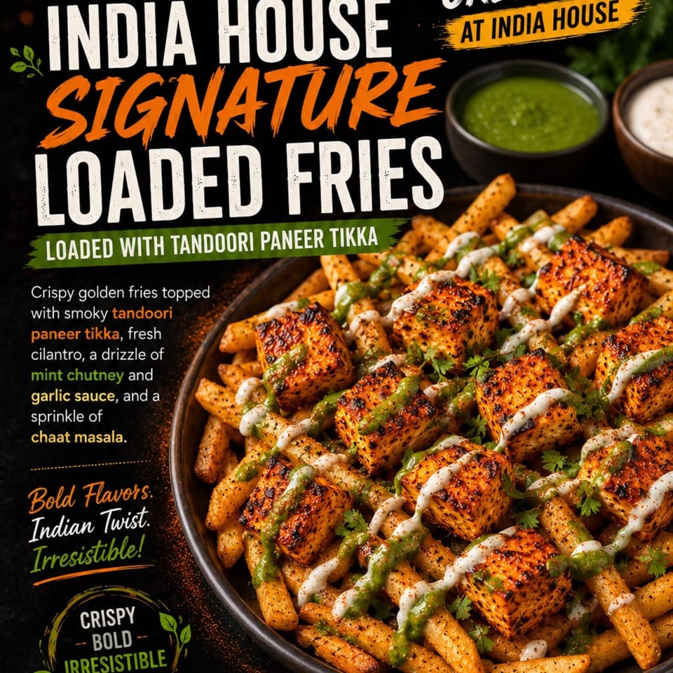 Crispy golden fries loaded with tandoori paneer tikka, mint chutney, garlic sauce, and chaat masala.