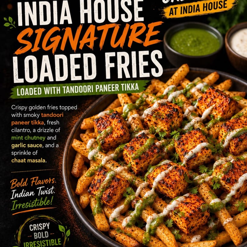 Crispy golden fries loaded with tandoori paneer tikka, mint chutney, garlic sauce, and chaat masala.