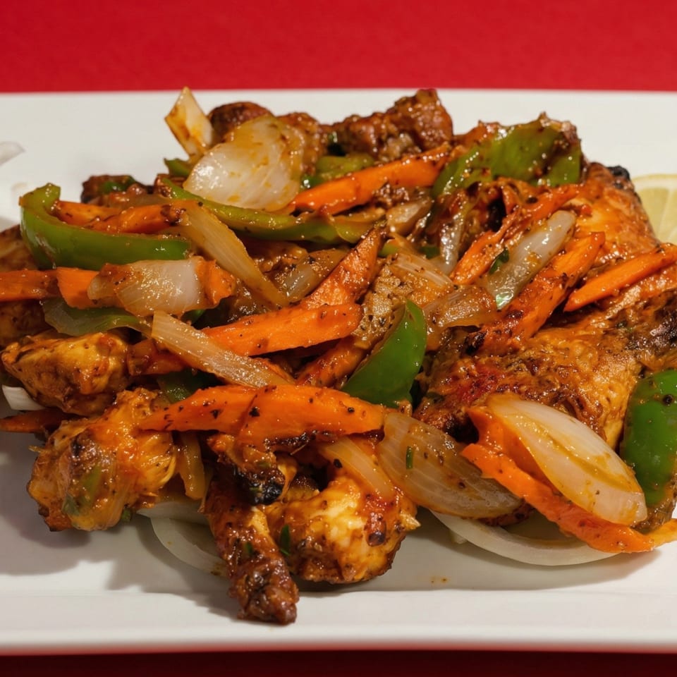 Chicken stir-fry with bell peppers, carrots, and onions on a white plate with a red background.