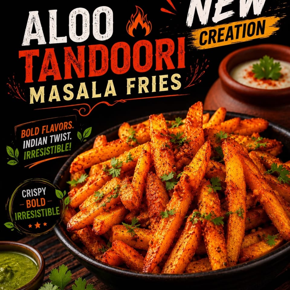 A close-up of Aloo Tandoori Masala Fries, garnished with cilantro, served with green and white dipping sauces.