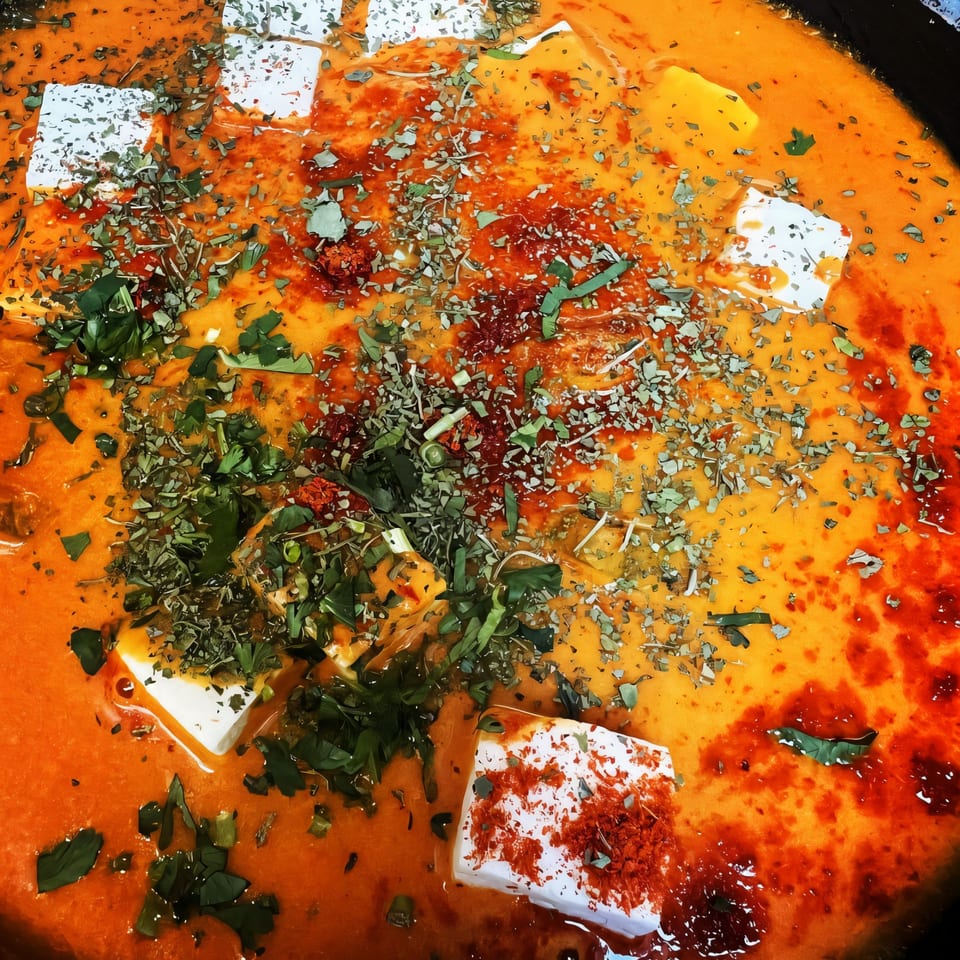 Close-up of paneer cubes in a vibrant orange curry, garnished with green herbs and red spices.