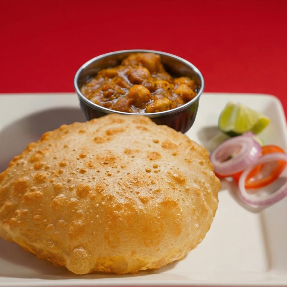 A golden-brown puri bread, a bowl of chana masala, and sliced onions with lime wedges.