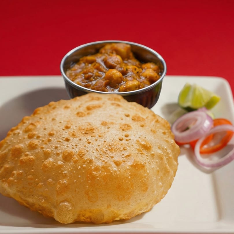 A golden-brown puri bread, a bowl of chana masala, and sliced onions with lime wedges.